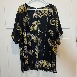 Maurices Black Leaf Print Kimono Cover Up S/M Short Sleeve Duster shawl Tropical